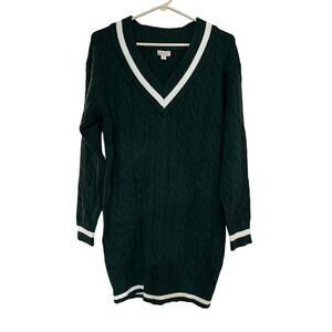 Womens Cable Knit Tipped V-Neck Pullover Sweater Dress Medium School Girl Preppy